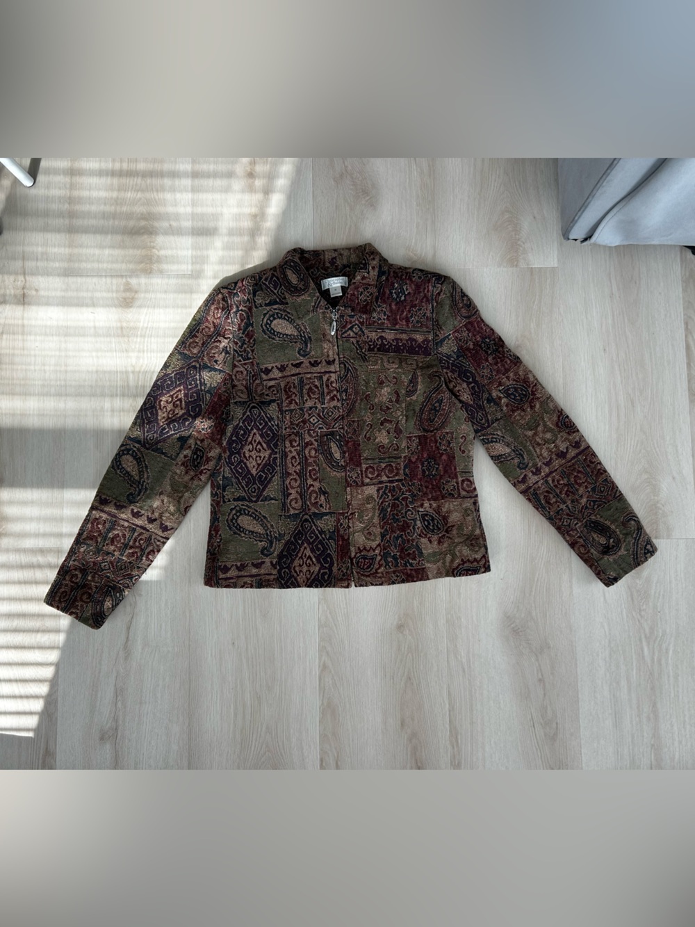 Christopher & Banks Paisley Patchwork Tapestry Jacket in Olive & Burgundy